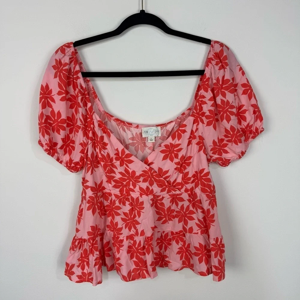 Jun & Ivy Pink & Red V Neck Faux Wrap Cropped Short Sleeve Summer Top Beach Cute